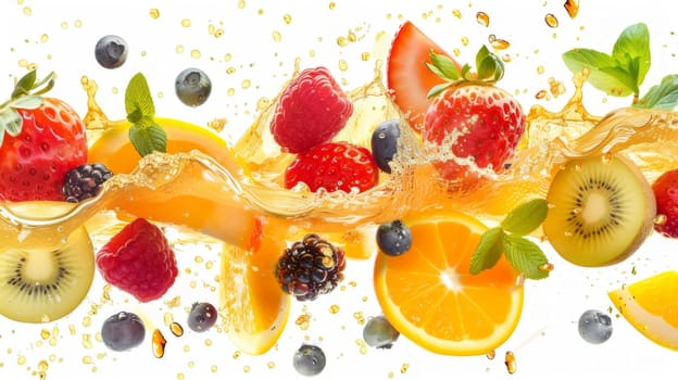 Illustration of splashing mix of fruits on white background.