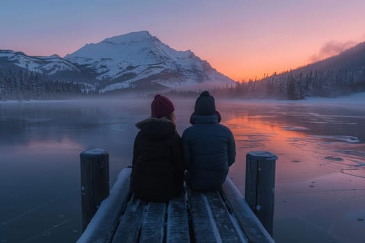 A couple is sitting on a dock overlooking a lake. The man is wearing a black jacket and the woman is wearing a blue jacket. The sky is orange and the mountains in the background are covered in snow