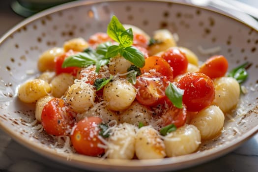 Close up view of homemade gnocchi with tomatoe and parmesan.