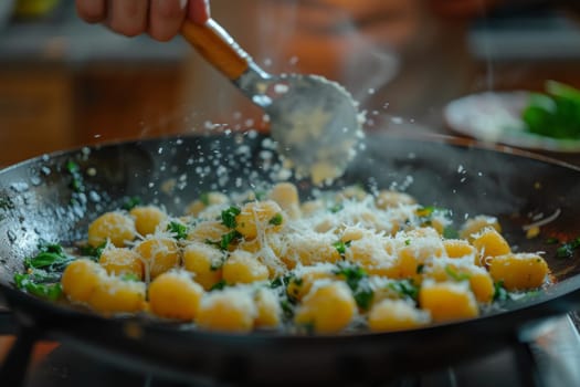 Cooking a homemade gnocchi with sage butter and parmesan.