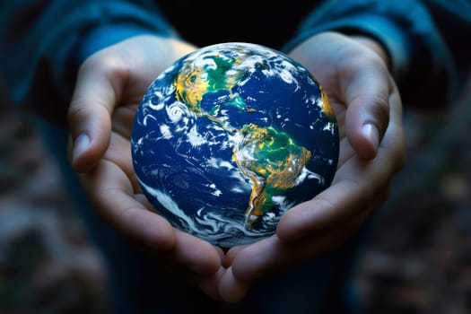 Close up of child hands holding earth globe in dark. Environment conservation concept .