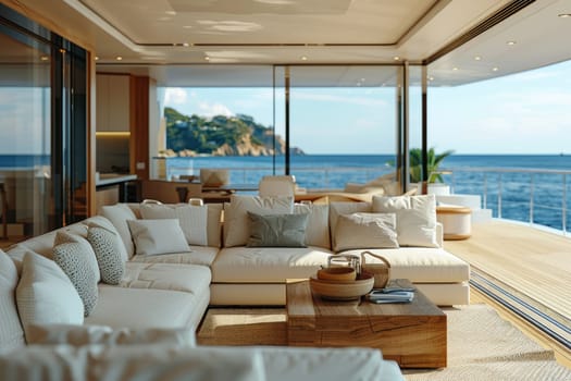 A large living room with a view of the ocean. The room is decorated in a minimalist style with white furniture and a white rug. The couch is positioned in the center of the room