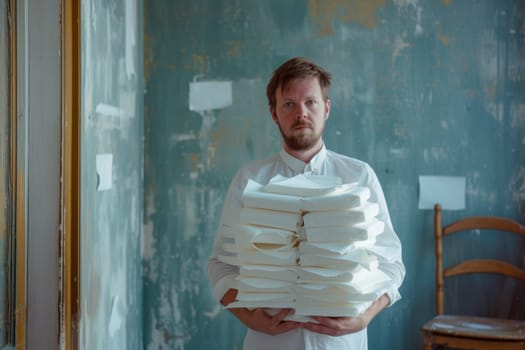 A man in the room with toilet paper in his hands.