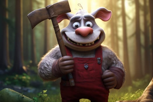 A cartoon character of a lumberjack with an axe in his hands. 3d illustration.