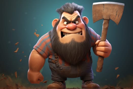 A cartoon character of a lumberjack with an axe in his hands. 3d illustration.