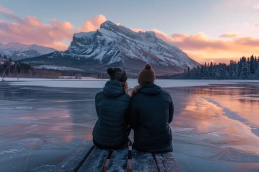 A couple is sitting on a dock overlooking a lake. The man is wearing a black jacket and the woman is wearing a blue jacket. The sky is orange and the mountains in the background are covered in snow