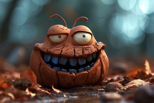 The cartoon toothy character is smiling with all his teeth. 3d illustration.