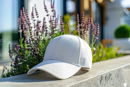 A white hat is sitting on a ledge next to a bush. The hat is placed on a concrete ledge, and the bush is full of purple flowers. The scene is peaceful and serene, with the hat