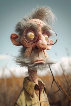 A funny cartoon character of a man in nature. 3d illustration.