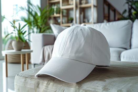 A white hat is sitting on a ledge next to a bush. The hat is placed on a concrete ledge, and the bush is full of purple flowers. The scene is peaceful and serene, with the hat