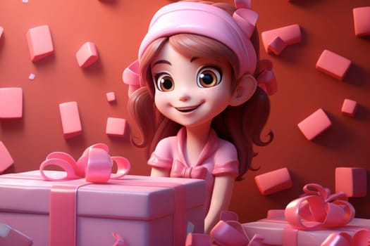 Portrait of a beautiful little girl with a gift box in her hands. 3d illustration.