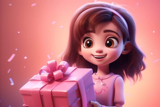 Portrait of a beautiful little girl with a gift box in her hands. 3d illustration.