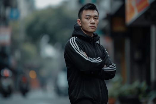 Portrait of a man in a retro black tracksuit from the 90s. Stylish hipster in a tracksuit on the street.