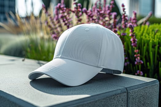 A white hat is sitting on a ledge next to a bush. The hat is placed on a concrete ledge, and the bush is full of purple flowers. The scene is peaceful and serene, with the hat