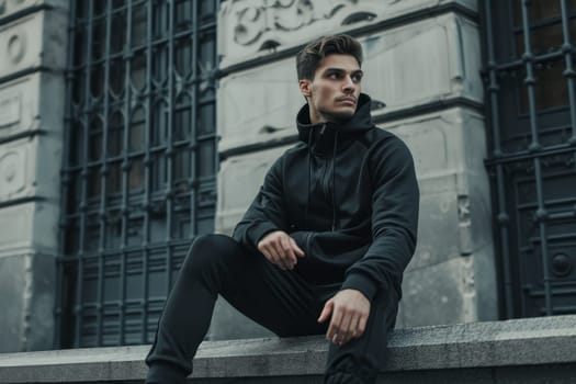 Portrait of a man in a retro black tracksuit from the 90s. Stylish hipster in a tracksuit on the street.