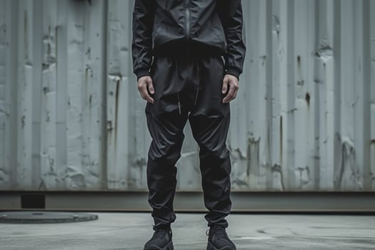 Portrait of a man in a retro black tracksuit from the 90s. Stylish hipster in a tracksuit on the street.