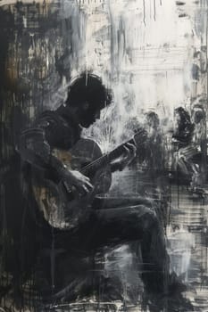 A male guitarist is playing guitar on the street. Illustration.