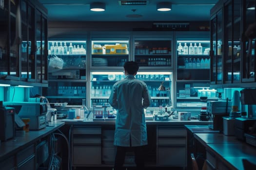 A man in a lab coat stands in front of a counter full of bottles and beakers. The room is dimly lit, giving it a mysterious and scientific atmosphere