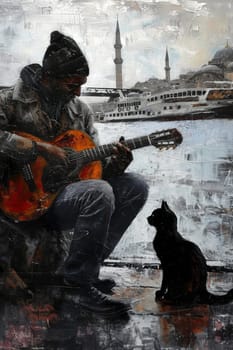A male guitarist is playing guitar on the street. Illustration.