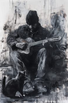 A male guitarist is playing guitar on the street. Illustration.