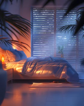 A bedroom with a bed and a window with blinds at night, illuminated by automotive lighting resembling a headlamp, creating a cozy atmosphere under the starry sky outside