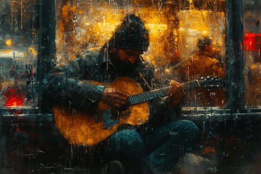 A male guitarist is playing guitar on the street. Illustration.