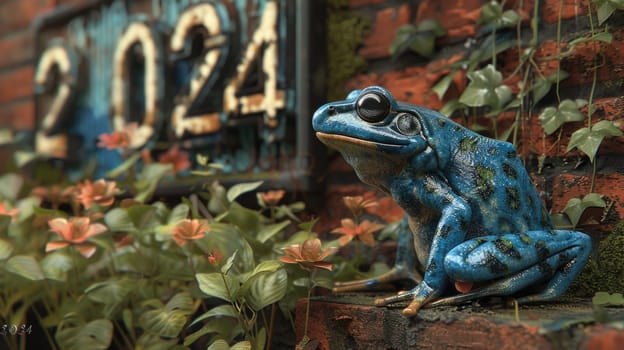 A blue frog confidently sits atop a brick wall, displaying its vibrant color against the gray texture of the bricks.