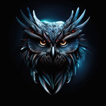 Decorative image of a wise owl glowing on a dark background. Design element and template for poster, t-shirt print, sticker, etc.
