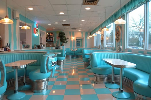 A blue and white restaurant with a blue booth and a blue table. The booth is decorated with a potted plant and a surfboard sign