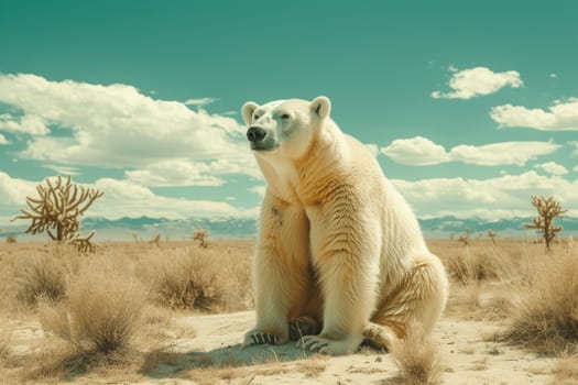 A polar bear walking through an arid desert, the concept of climate change.