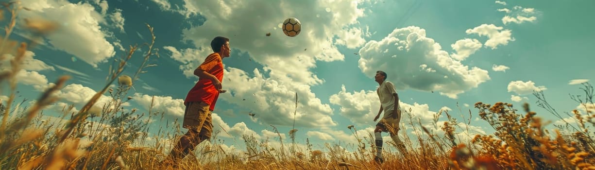 Two soccer players are playing a game of soccer in a field. One of the players is wearing a red jersey and is about to kick the ball. The sky is cloudy, and the sun is shining through the clouds