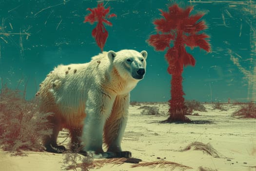 A polar bear walking through an arid desert, the concept of climate change.