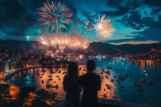 A couple is watching fireworks over a body of water. The fireworks are bright and colorful, creating a festive atmosphere. The couple is enjoying the moment together