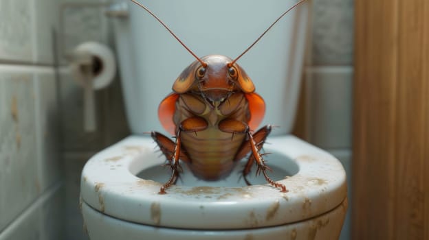 A big cockroach is sitting on the toilet in the toilet.