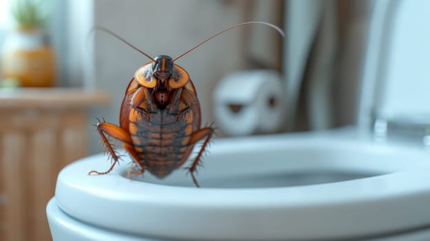 A big cockroach is sitting on the toilet in the toilet.