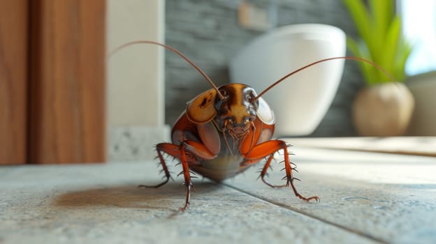 A big cockroach is sitting on the toilet in the toilet.