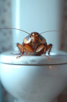 A big cockroach is sitting on the toilet in the toilet.