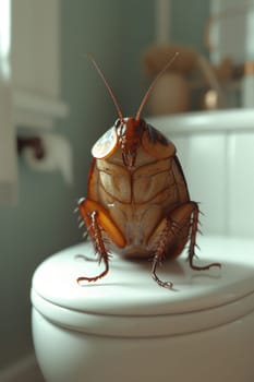 A big cockroach is sitting on the toilet in the toilet.