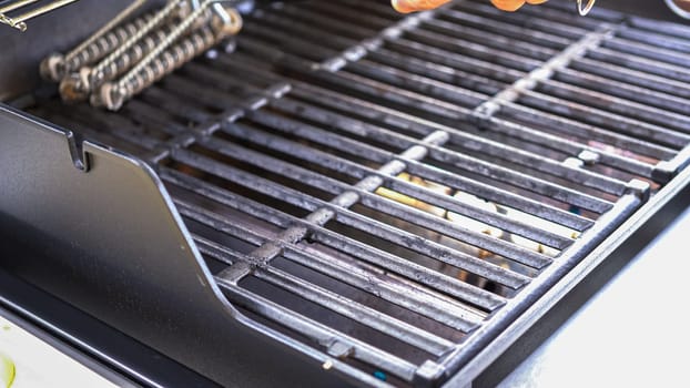 In an outdoor setting, the two-burner gas grill is receiving careful attention before the cooking begins. The grill is meticulously cleaned with a specialized grill brush, ensuring an optimal and hygienic surface for the forthcoming dinner preparations.