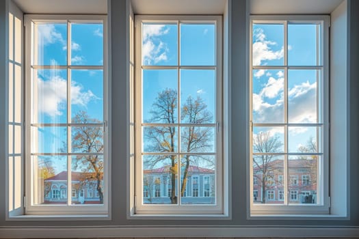 A large open window with a view of a field and a tree. The sunlight is shining through the window, creating a warm and inviting atmosphere