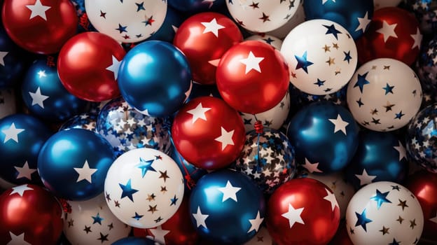 A festive cluster of red, white, and blue balloons flying in the air.