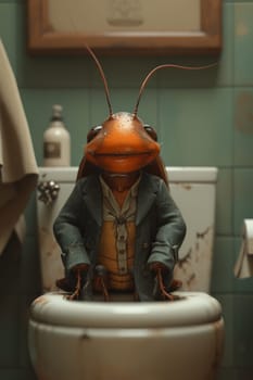 A big cockroach is sitting on the toilet in the toilet.