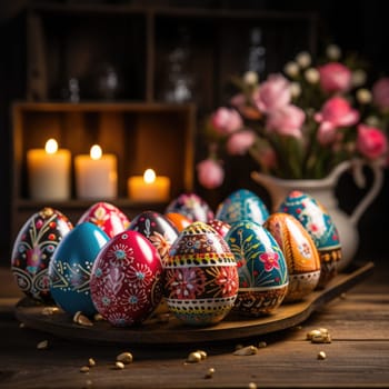 Wooden table covered with numerous bright and colorful eggs, creating a festive Easter display.