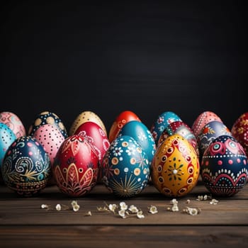 A row of colorful painted eggs is displayed neatly on a wooden table, creating a festive Easter scene.