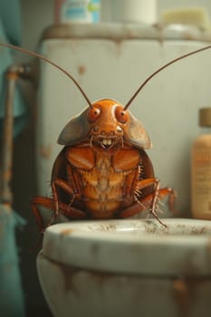 A big cockroach is sitting on the toilet in the toilet.