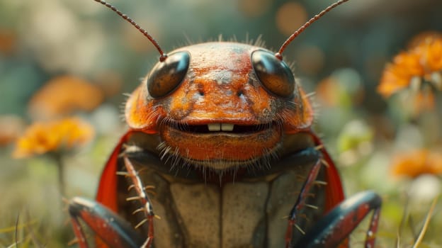 A big cockroach is smiling in nature. 3d illustration.