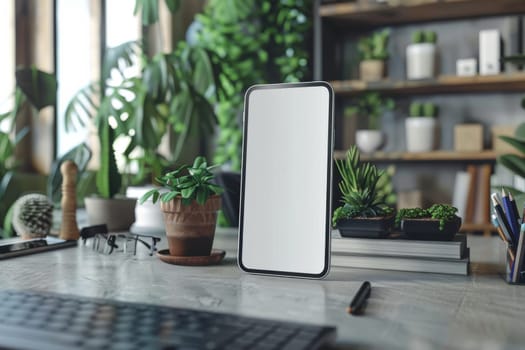 Mockup Cell Phone is sitting on a desk next to a potted plant and a clock. The scene is simple and minimalistic, with the focus on the phone. The potted plant adds a touch of greenery to the space