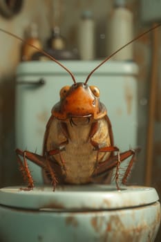 A big cockroach is sitting on the toilet in the toilet.