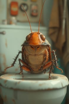 A big cockroach is sitting on the toilet in the toilet.
