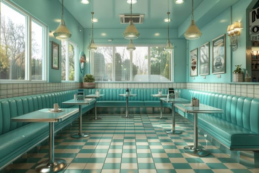 A blue and white restaurant with a blue booth and a blue table. The booth is decorated with a potted plant and a surfboard sign